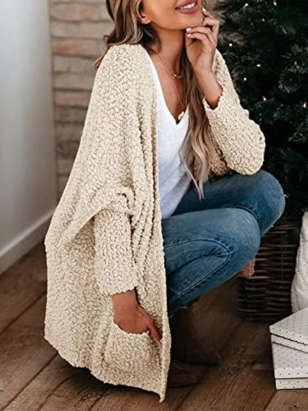 Oversized Chunky Popcorn Knit Cardigan Cozy Batwing Long Sleeve Open Front